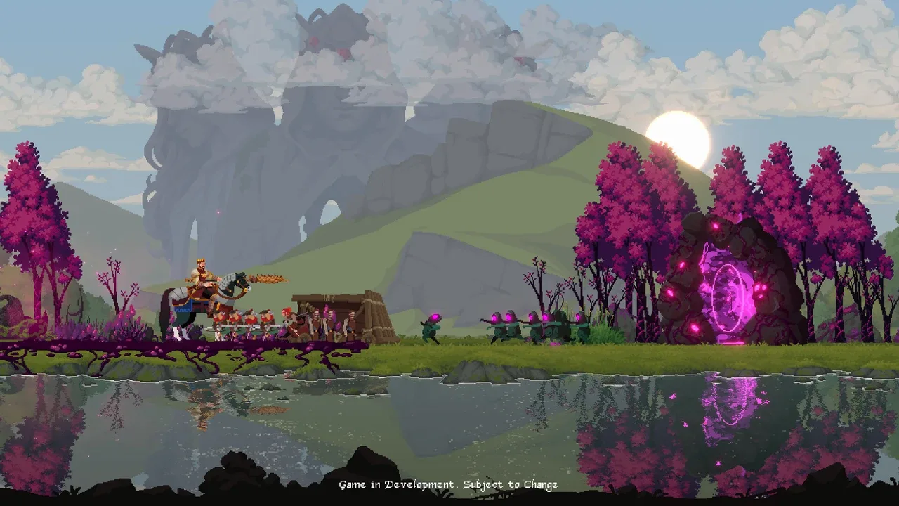 A mounted monarch leading villagers toward a glowing purple portal in Kingdom III: Rising Realms.