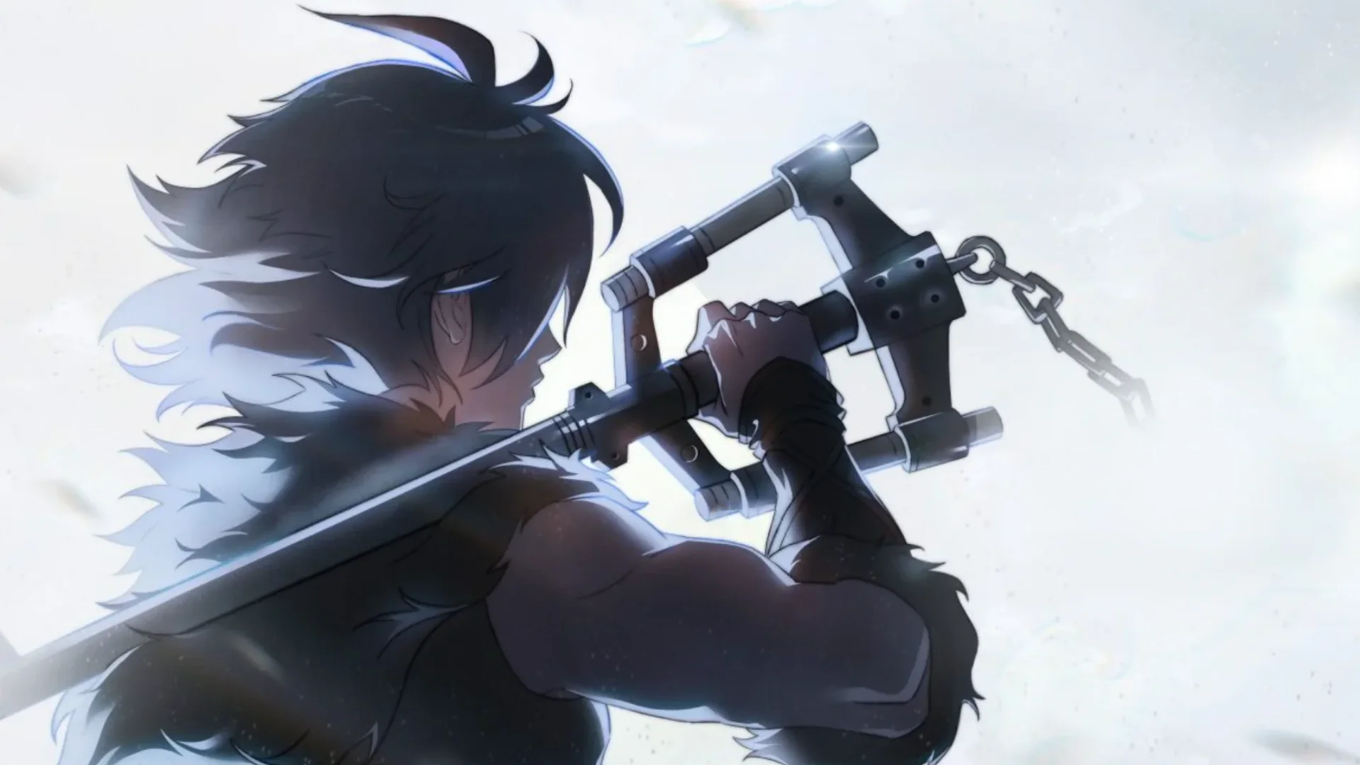 A dark-haired Keyblade wielder holds a Keyblade across their shoulder in teaser art for the Kingdom Hearts anime series.