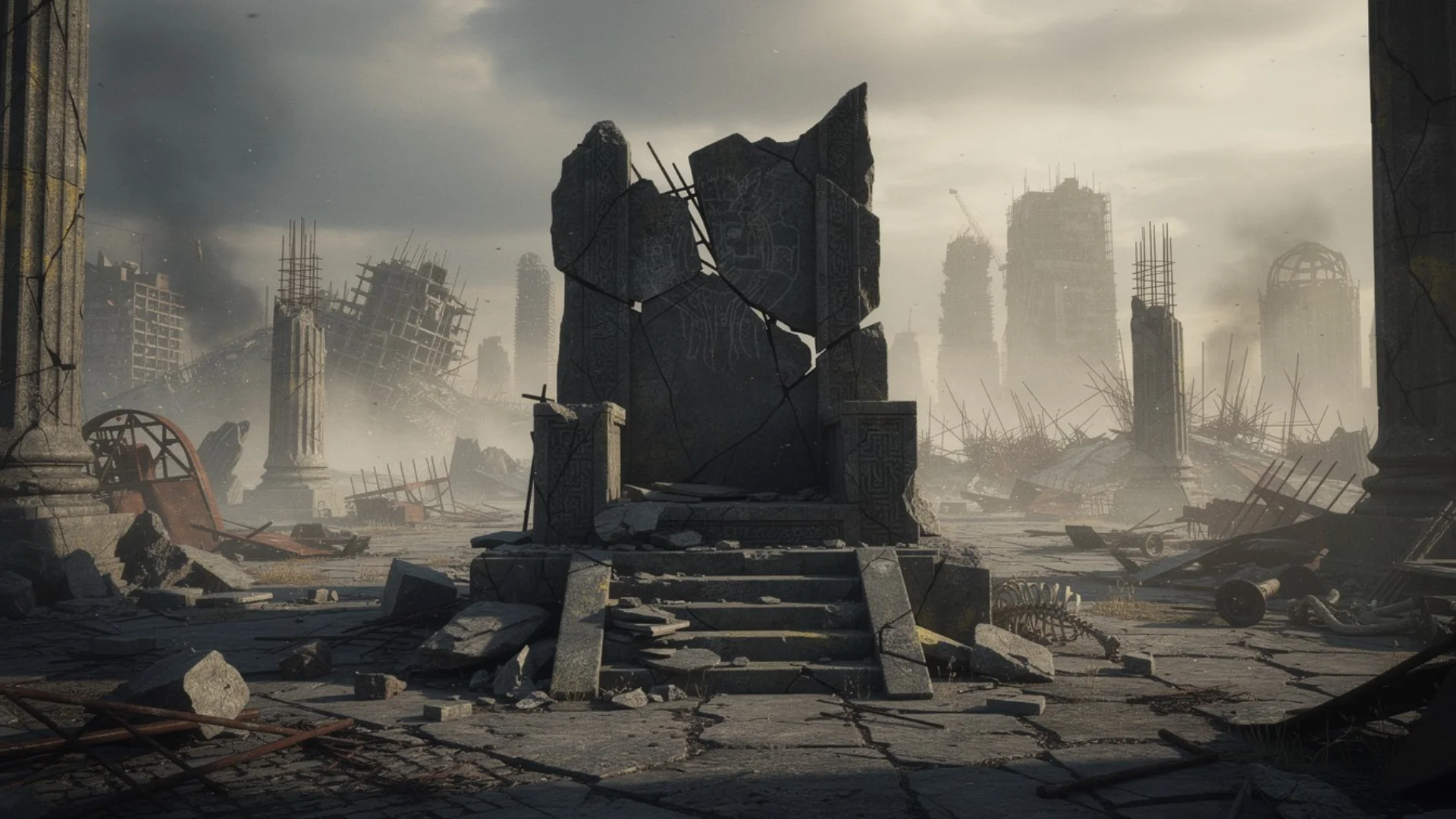 Broken stone monument stands amid ruined structures in Kingdom III: Rising Realms