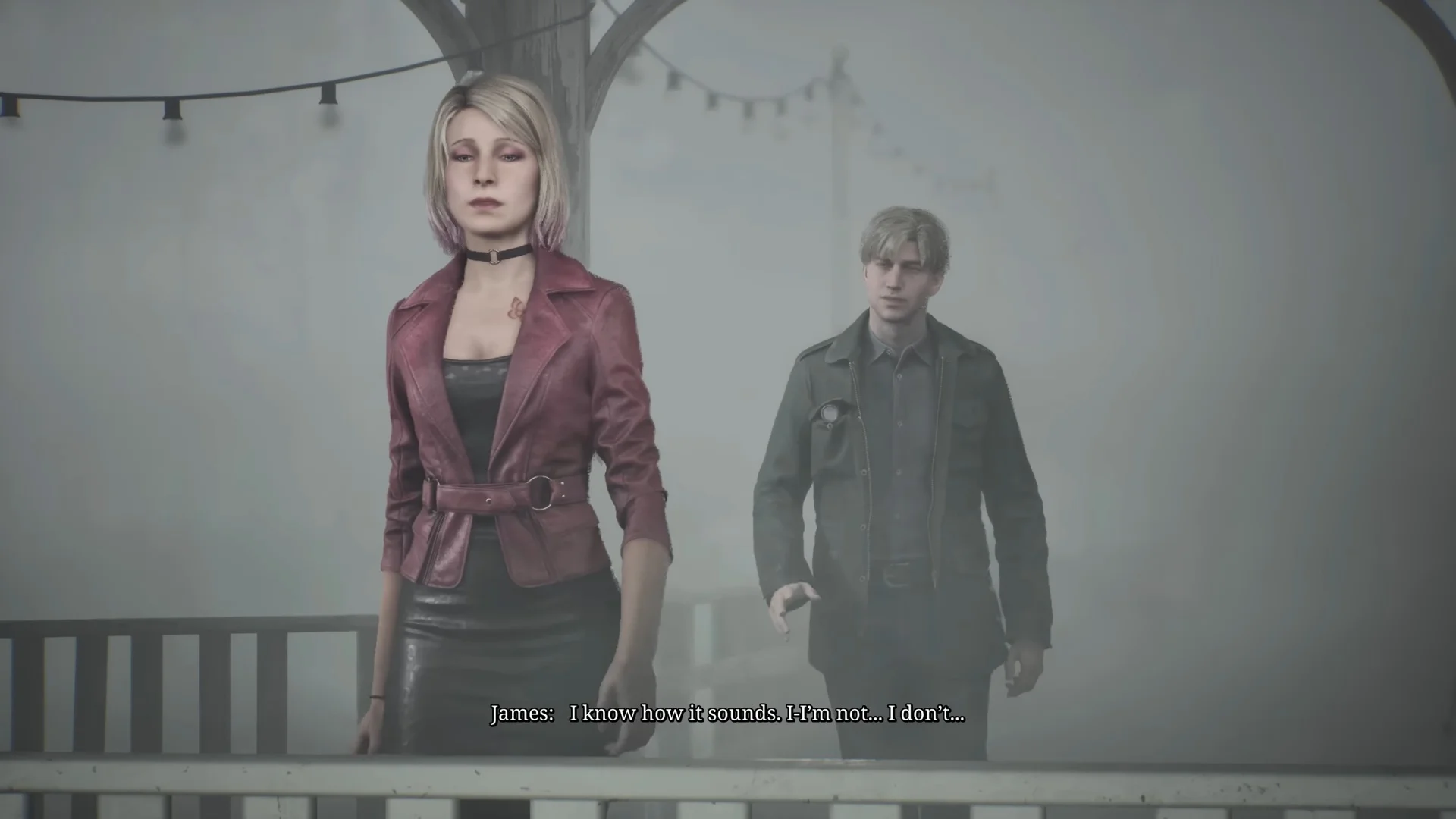 Maria in a red jacket walks ahead of James Sunderland on a fog-covered wooden walkway in Silent Hill 2.