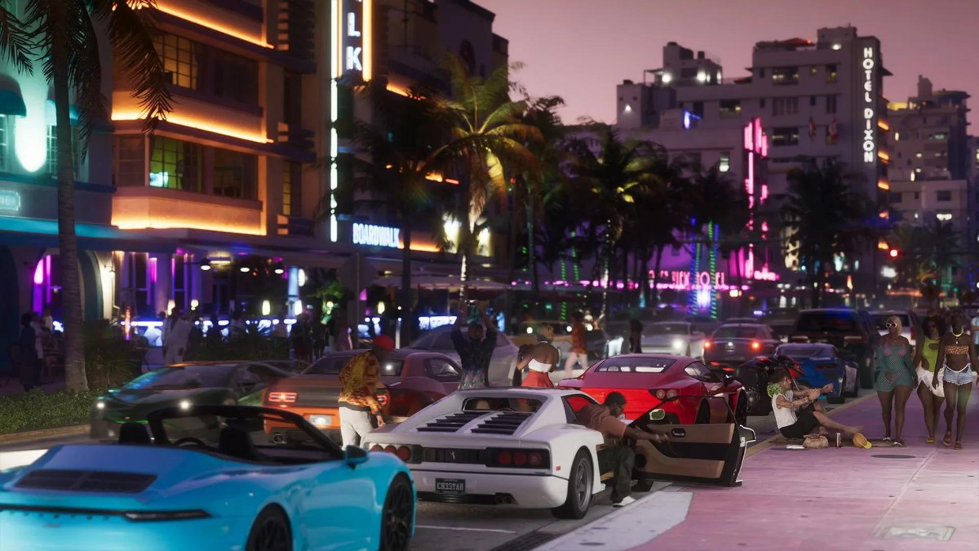Cars and pedestrians crowd a neon-lit Vice City street at night in Grand Theft Auto VI.