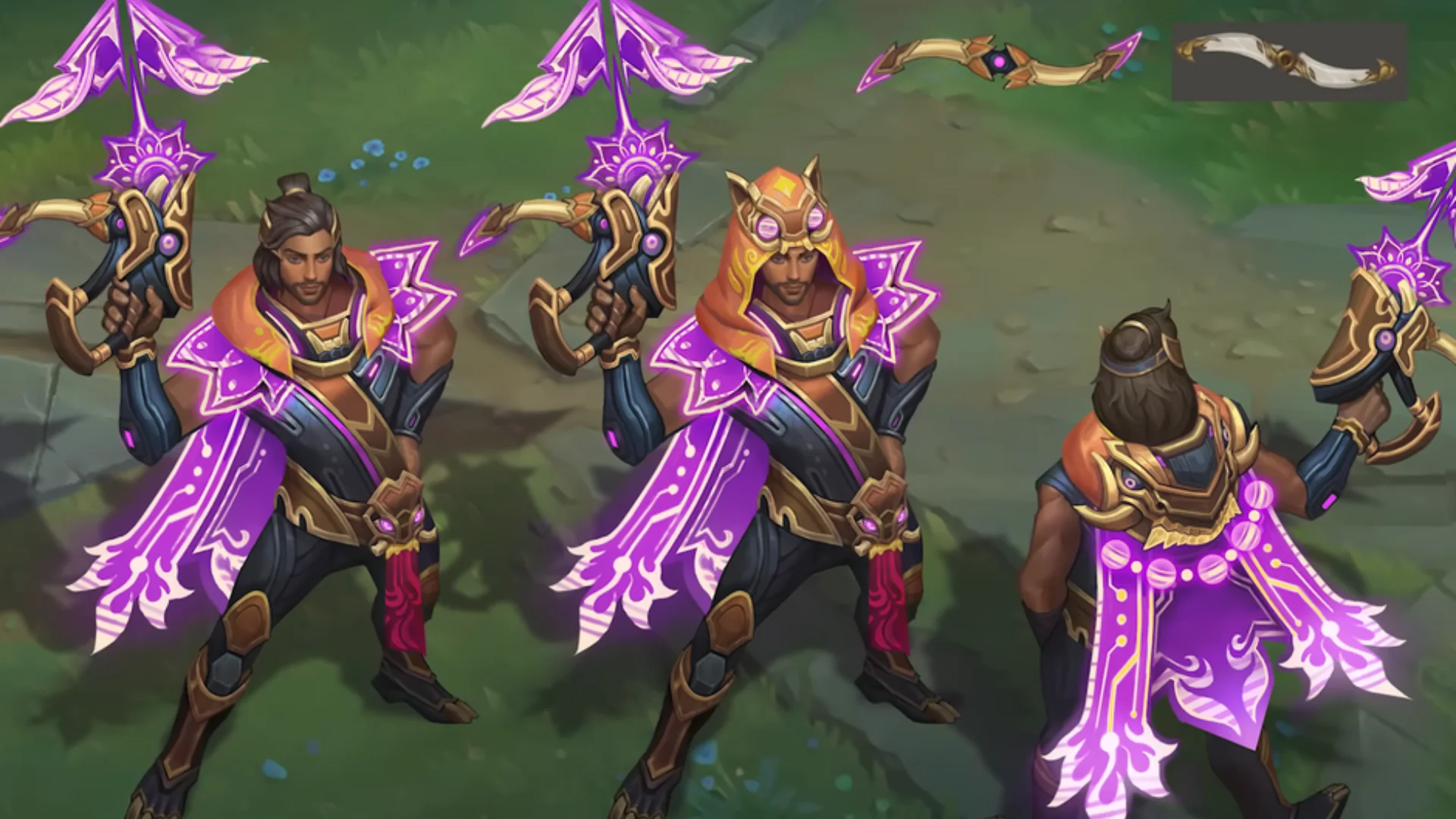 Three Honors Akshan shown from multiple angles with purple-and-gold effects in League of Legends.
