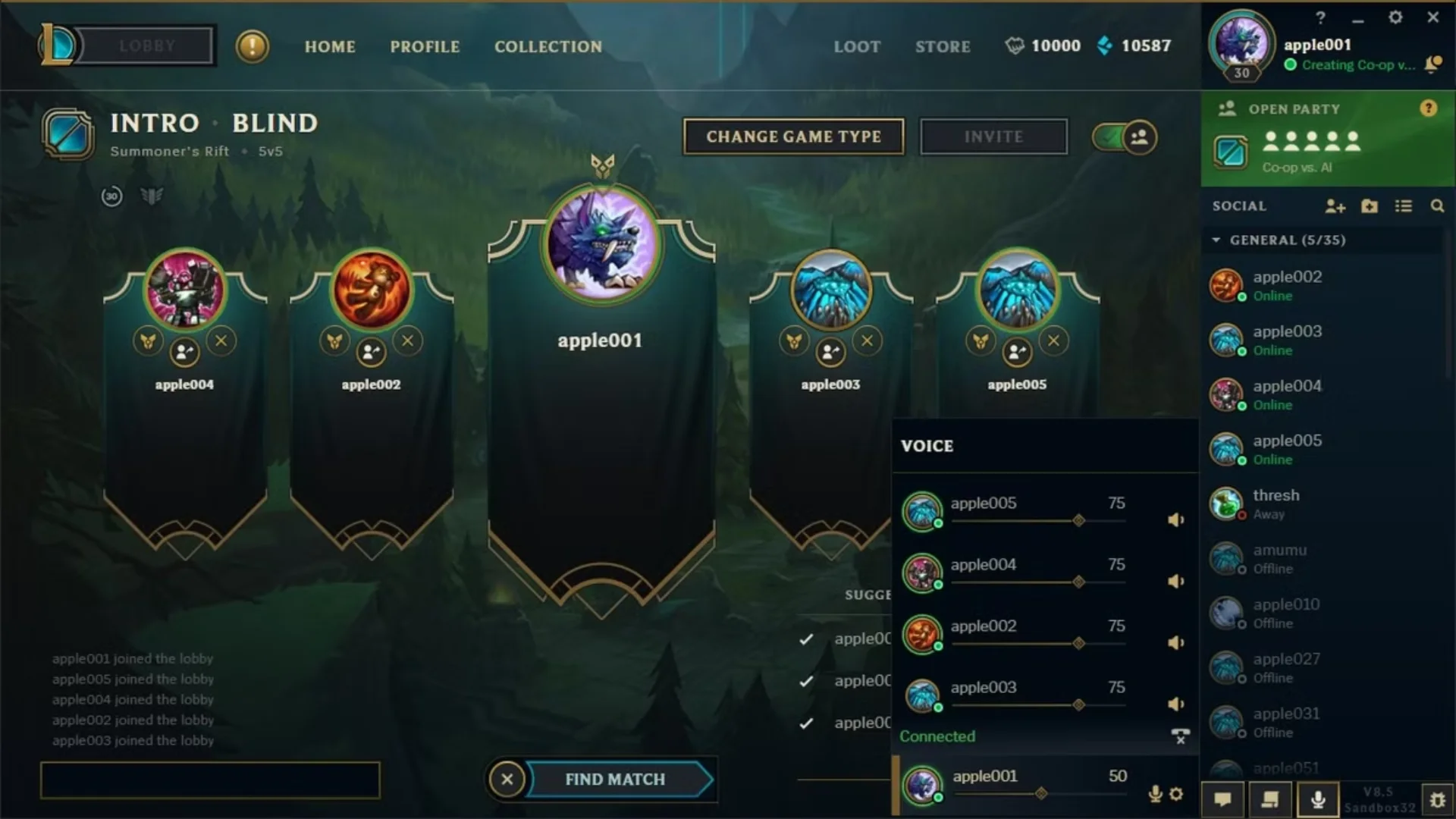 League of Legends client lobby with five players and the built-in voice panel open.