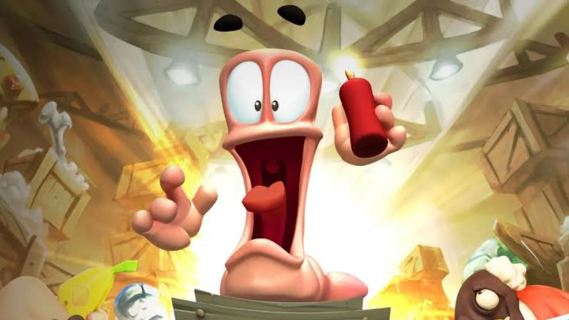Worms character holds a lit stick of dynamite in a storage room