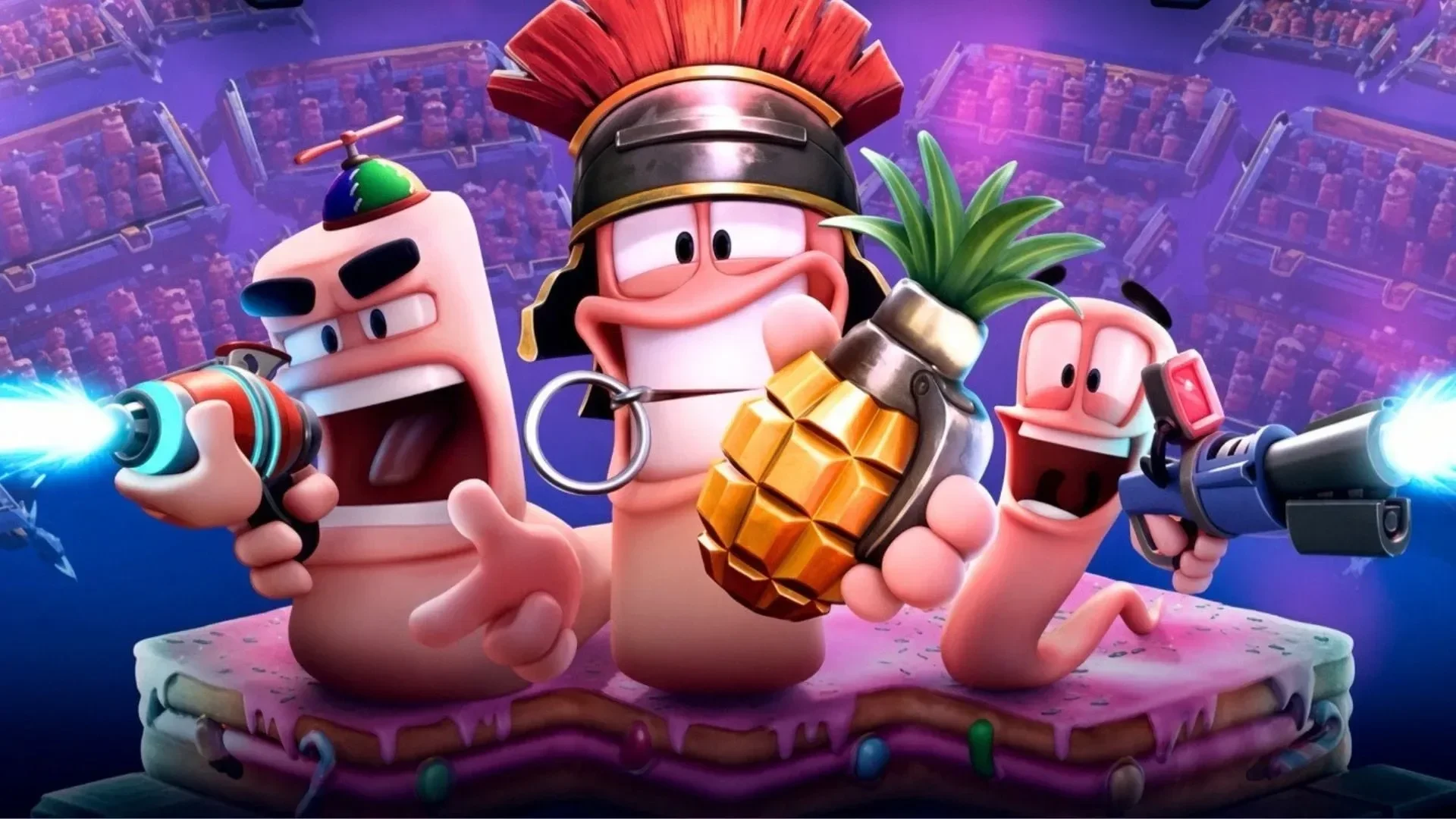 Three armed worms pose with weapons in Worms Galactic Tactics artwork