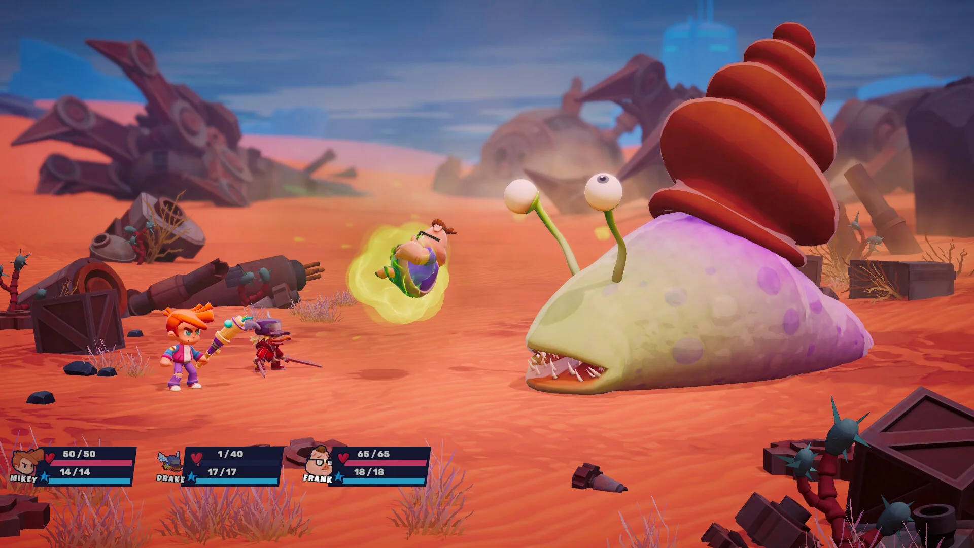 Legends of Starkadia party battles a giant alien creature across the orange wastes of Scrap World.
