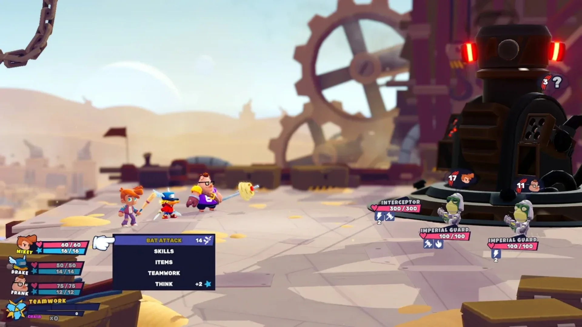 Legends of Starkadia party faces Imperial Guards and an Interceptor during a turn-based battle.