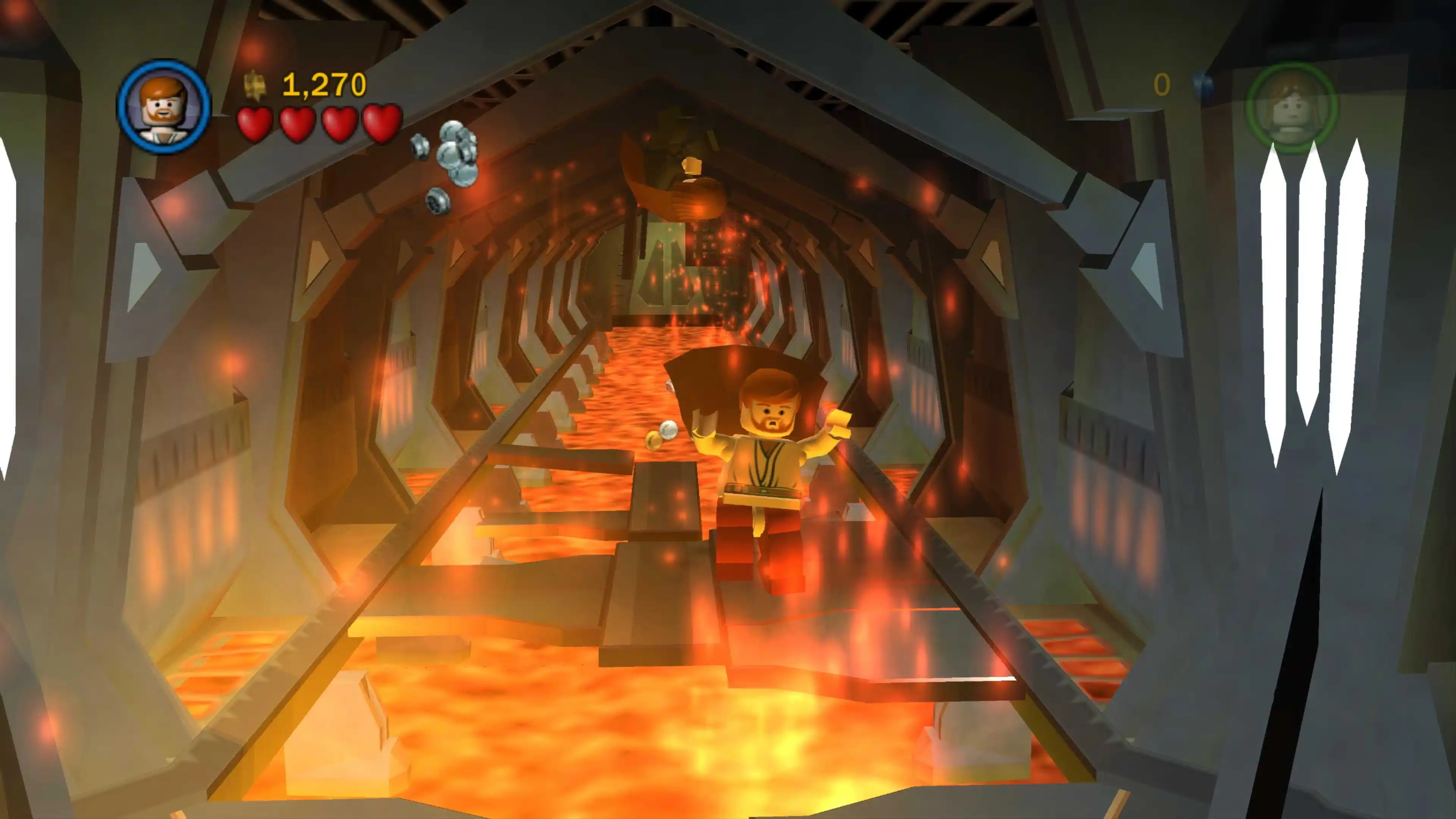A LEGO Jedi runs across a collapsing platform above molten lava inside a burning corridor.