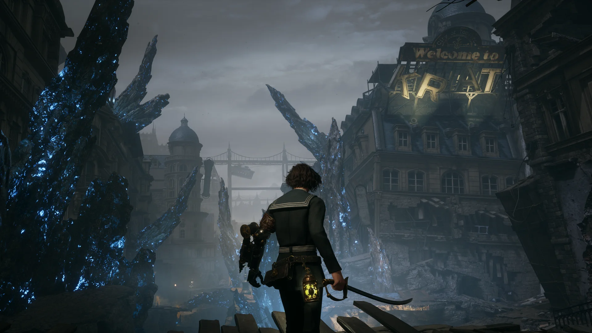 P stands in a ruined Krat street surrounded by towering blue crystalline formations in Lies of P.