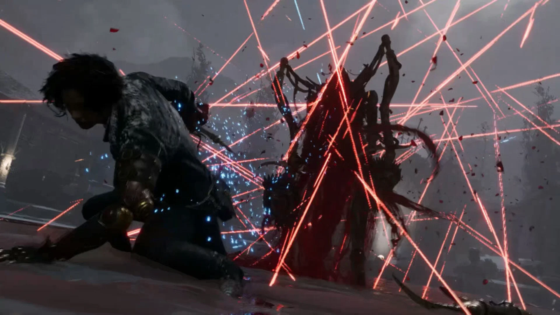 P fights a towering puppet enemy surrounded by red energy attacks in Lies of P.