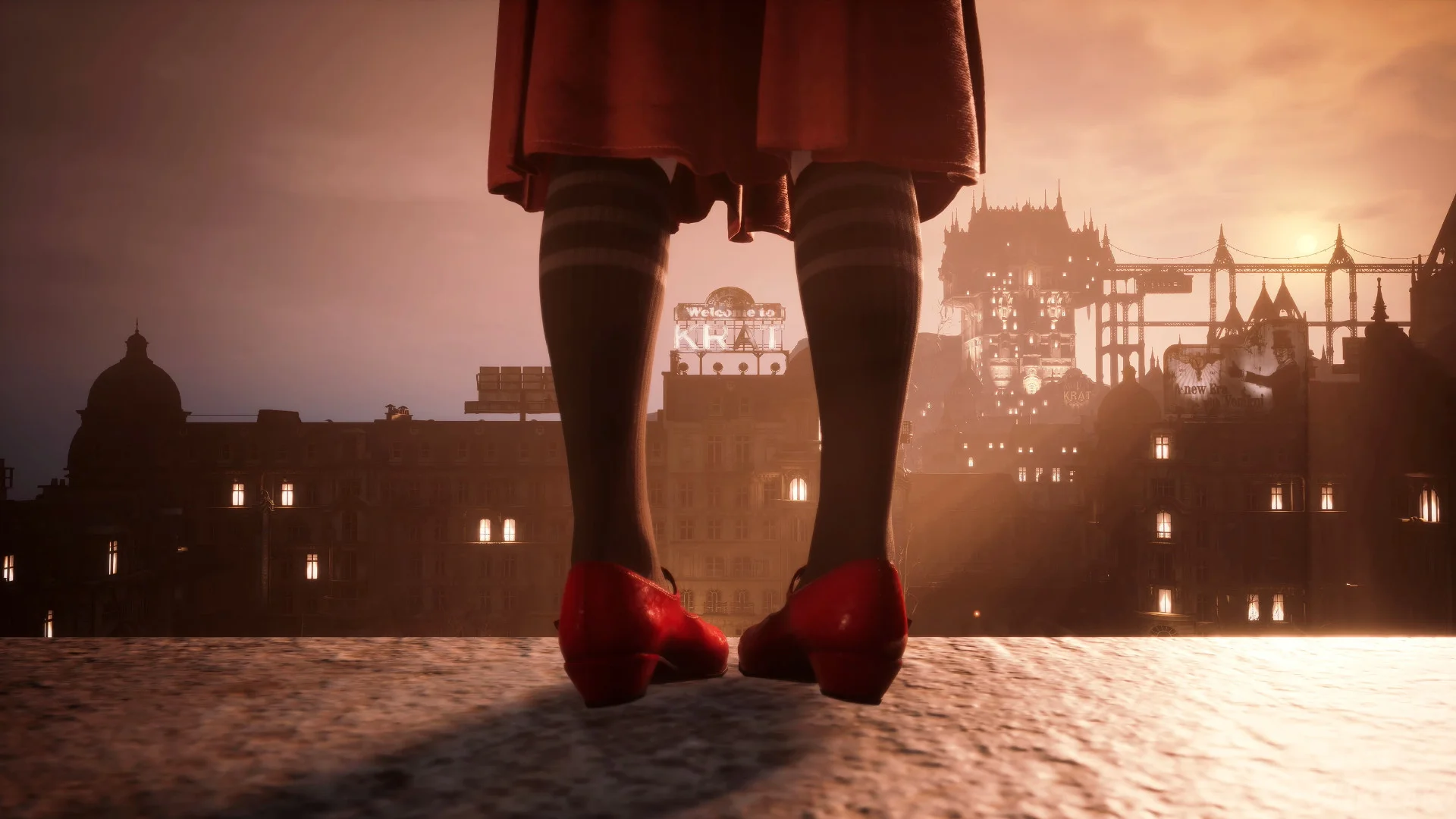 A figure wearing red shoes stands above Krat at sunset in the ending tease from Lies of P.