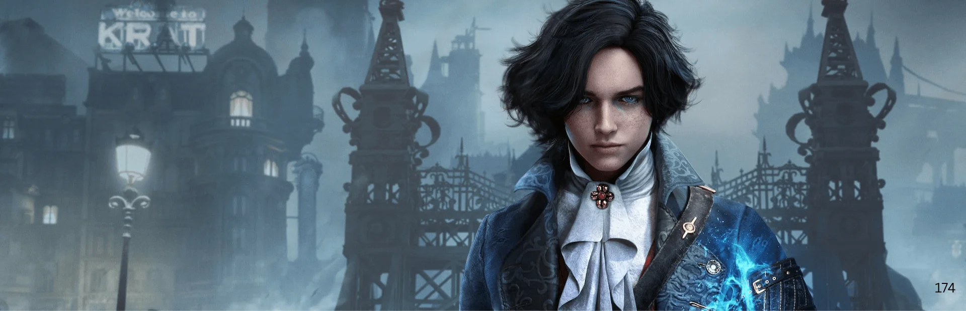 The Lies of P protagonist stands before Krat's gothic industrial skyline with blue energy glowing across his arm.