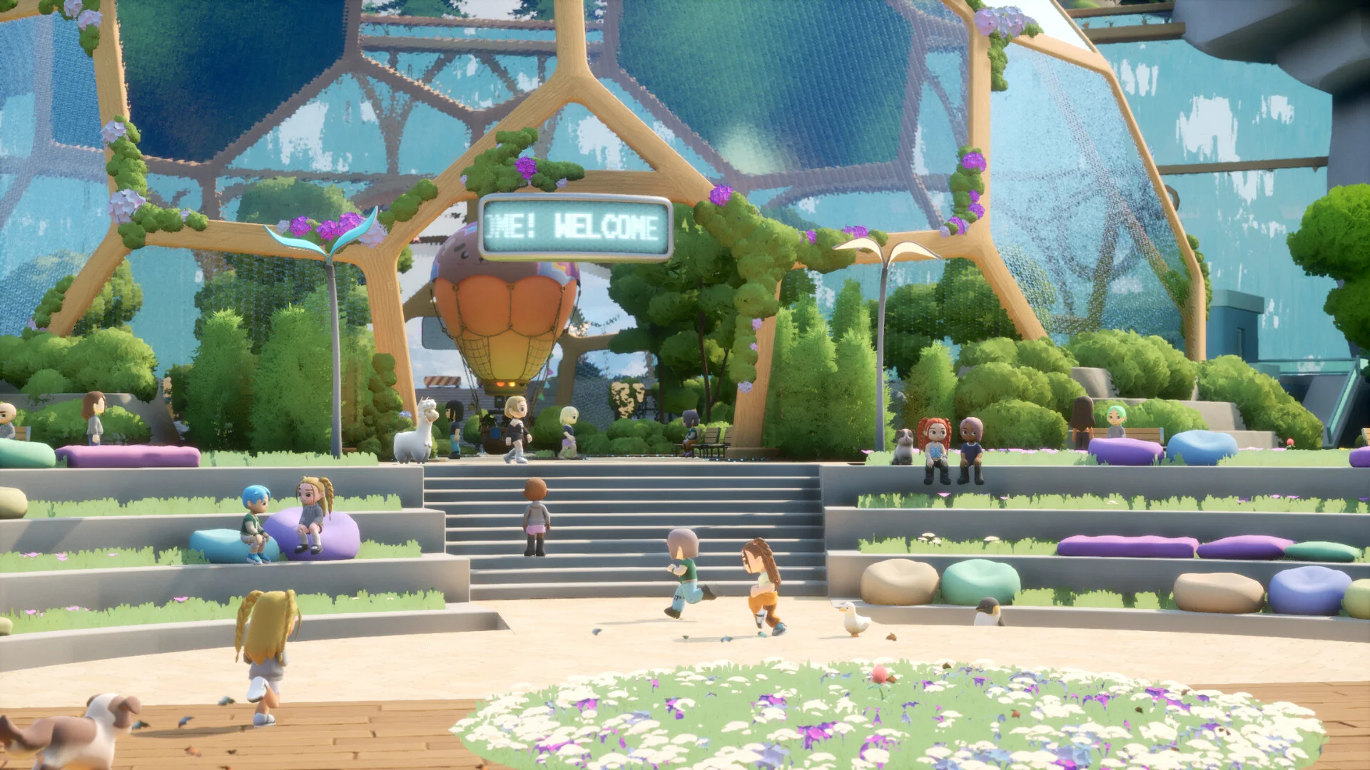 Loftia players gather in a green community plaza beneath a large glass structure with trees and flowers.