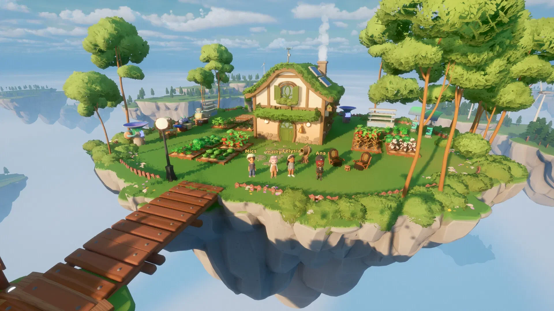 Four Loftia players stand beside crops and a cottage on a floating island connected by a wooden bridge.