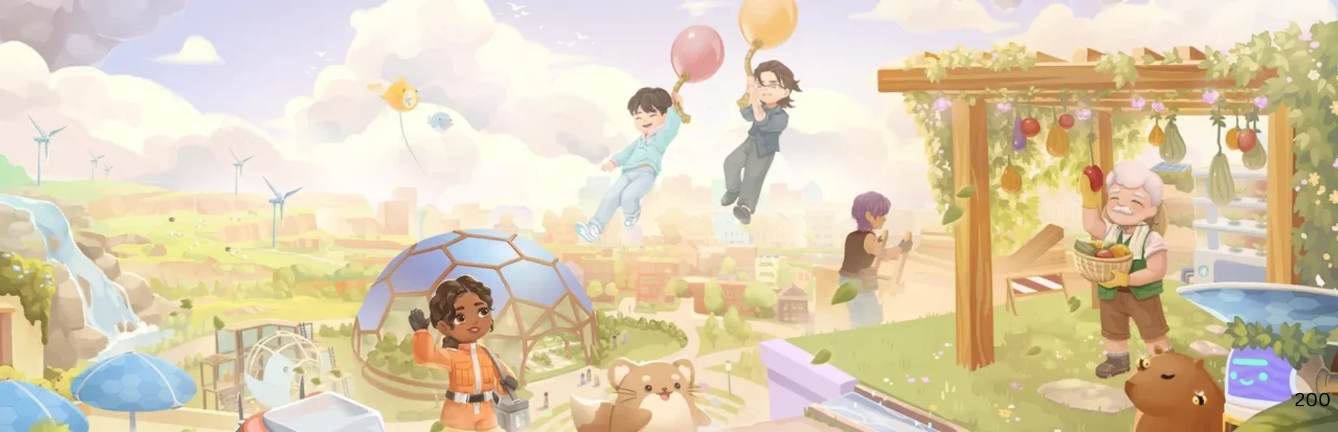 Loftia characters explore a bright solarpunk city with gardens, wind turbines, balloons, and futuristic buildings.