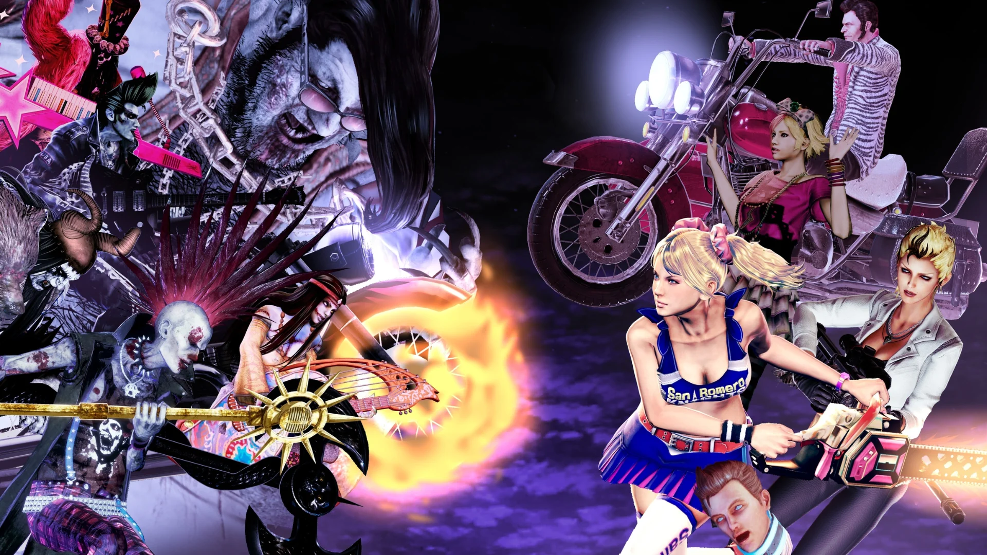Juliet Starling and other Lollipop Chainsaw characters appear alongside zombies, motorcycles and colorful weapons.