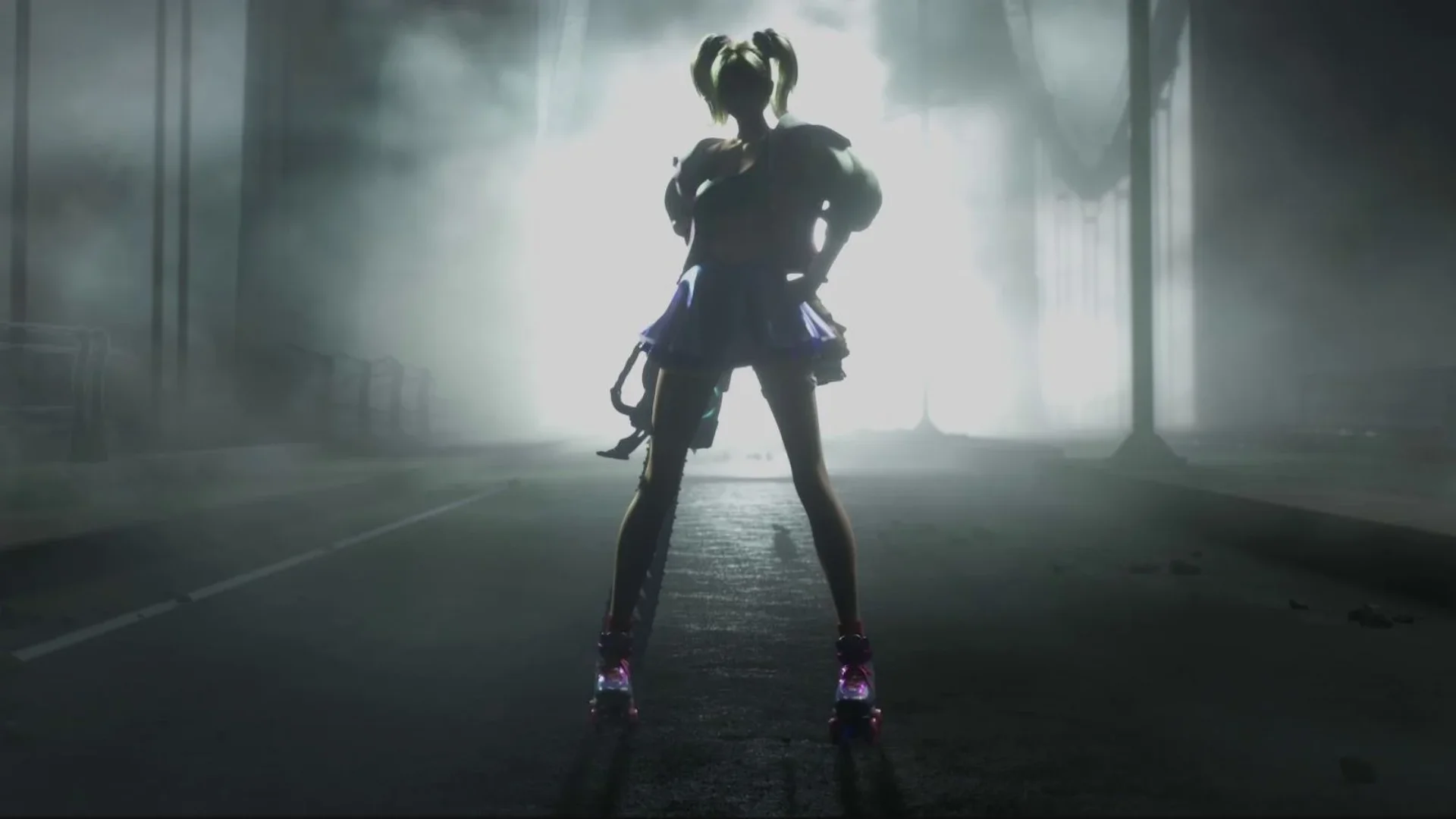 Juliet Starling stands with a chainsaw in a dark street during Lollipop Chainsaw 2 Back2Back footage.