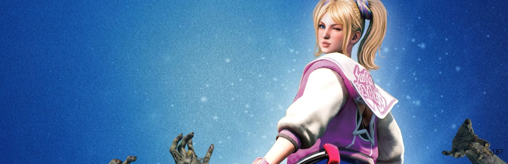 Juliet Starling looks back while holding her chainsaw in Lollipop Chainsaw 2 Back2Back promotional artwork.