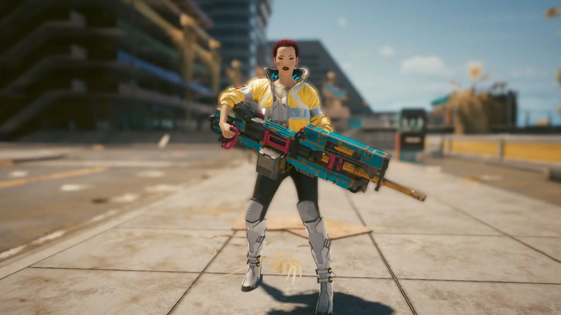 A Fortnite character holds Rebecca's Guns on an outdoor city battlefield during the Cyberpunk: Edgerunners crossover.