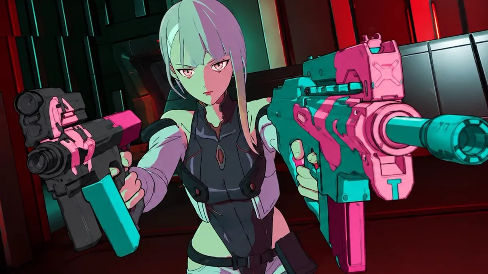 Lucy dual-wields teal and pink guns in Cyberpunk: Edgerunners crossover imagery for Fortnite.