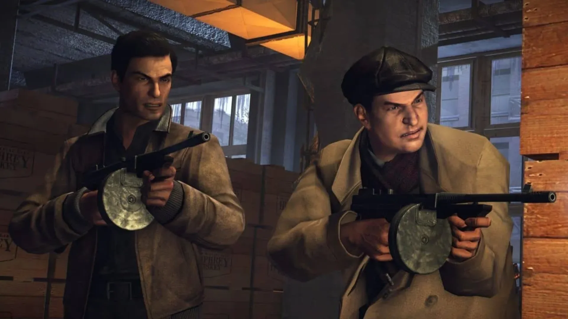 Vito Scaletta and Joe Barbaro holding Thompson submachine guns in Mafia II Definitive Edition.