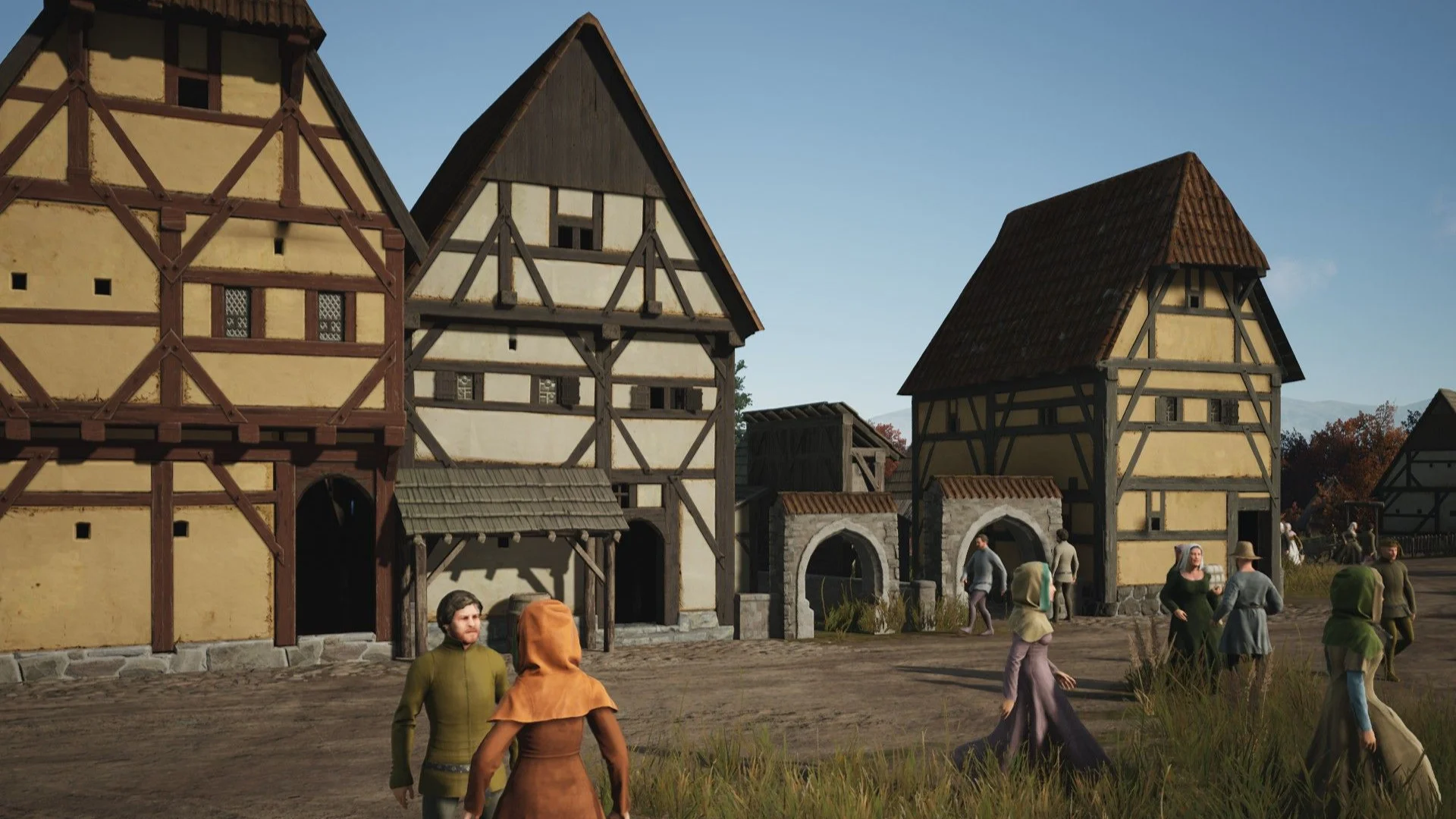 Villagers walk between half-timbered buildings in a medieval Manor Lords settlement.
