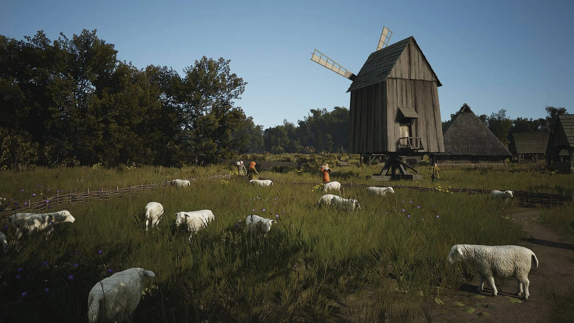Sheep graze in a fenced pasture beside a wooden windmill and farm buildings in Manor Lords.