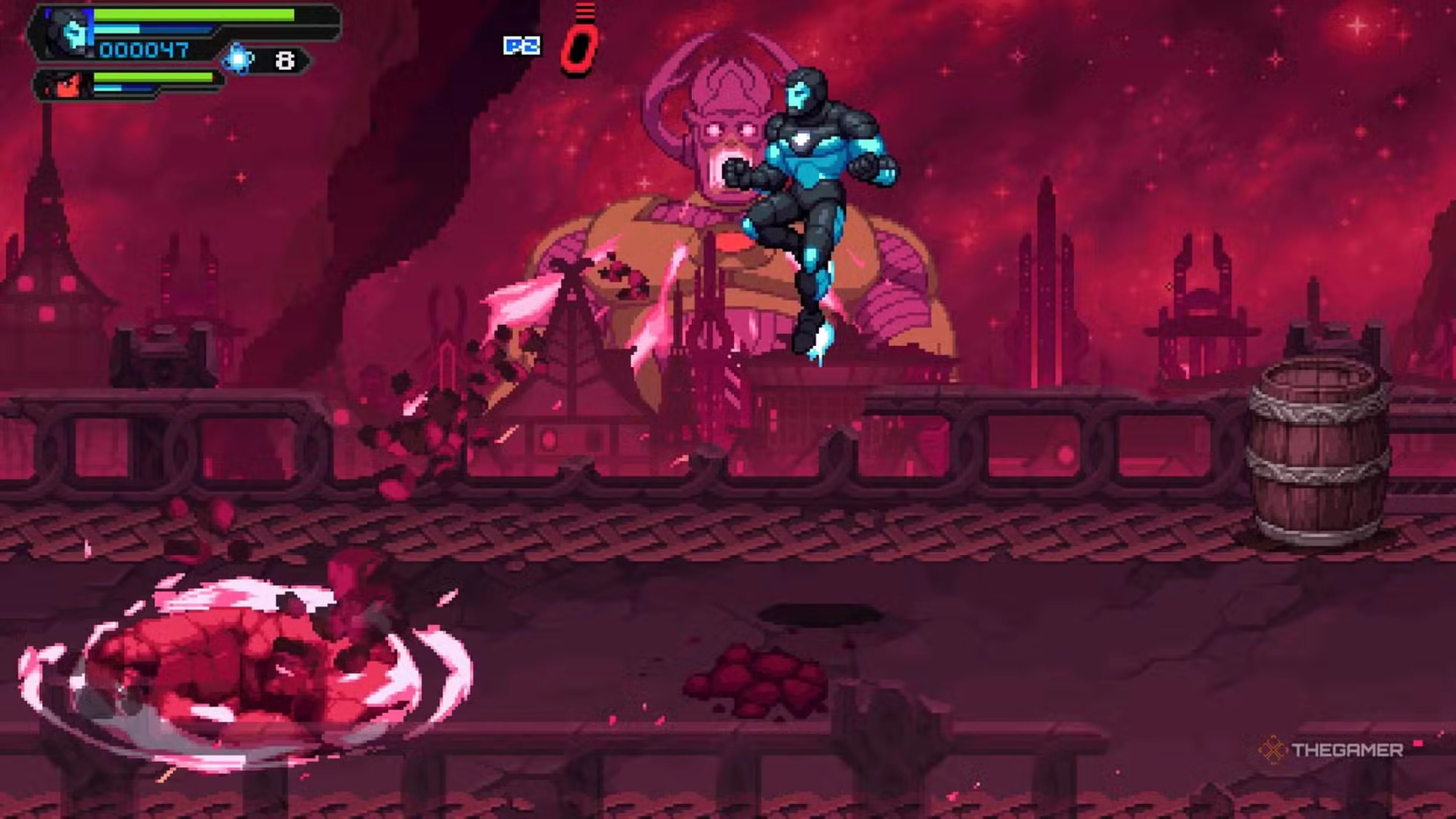 A blue-armored hero jumps above an explosion on a bridge, with a giant cosmic villain against a red sky in Marvel Cosmic Invasion.