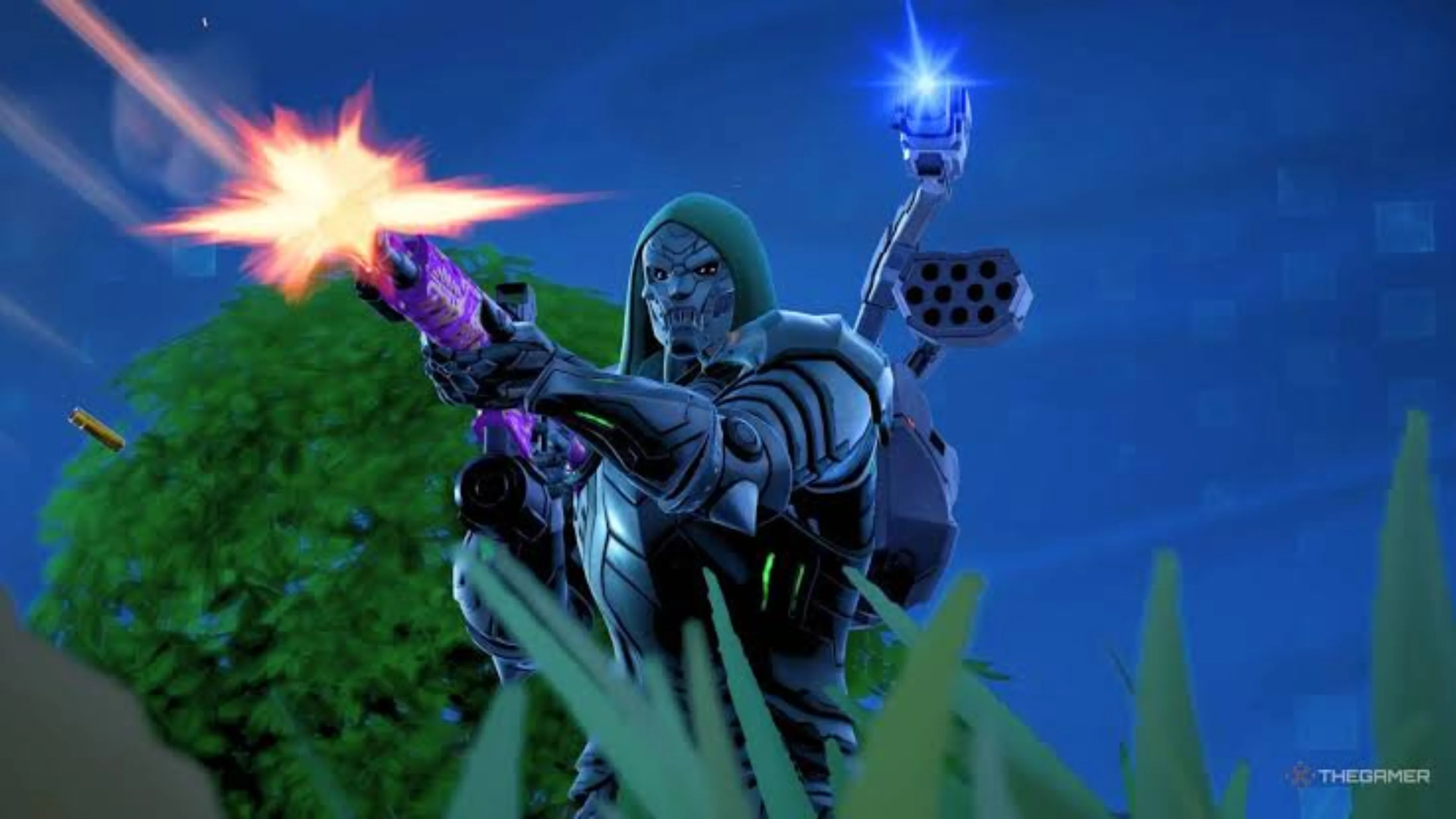 Doctor Doom wears a green hood and metal armor while firing a purple weapon, with a shoulder-mounted launcher visible behind him.
