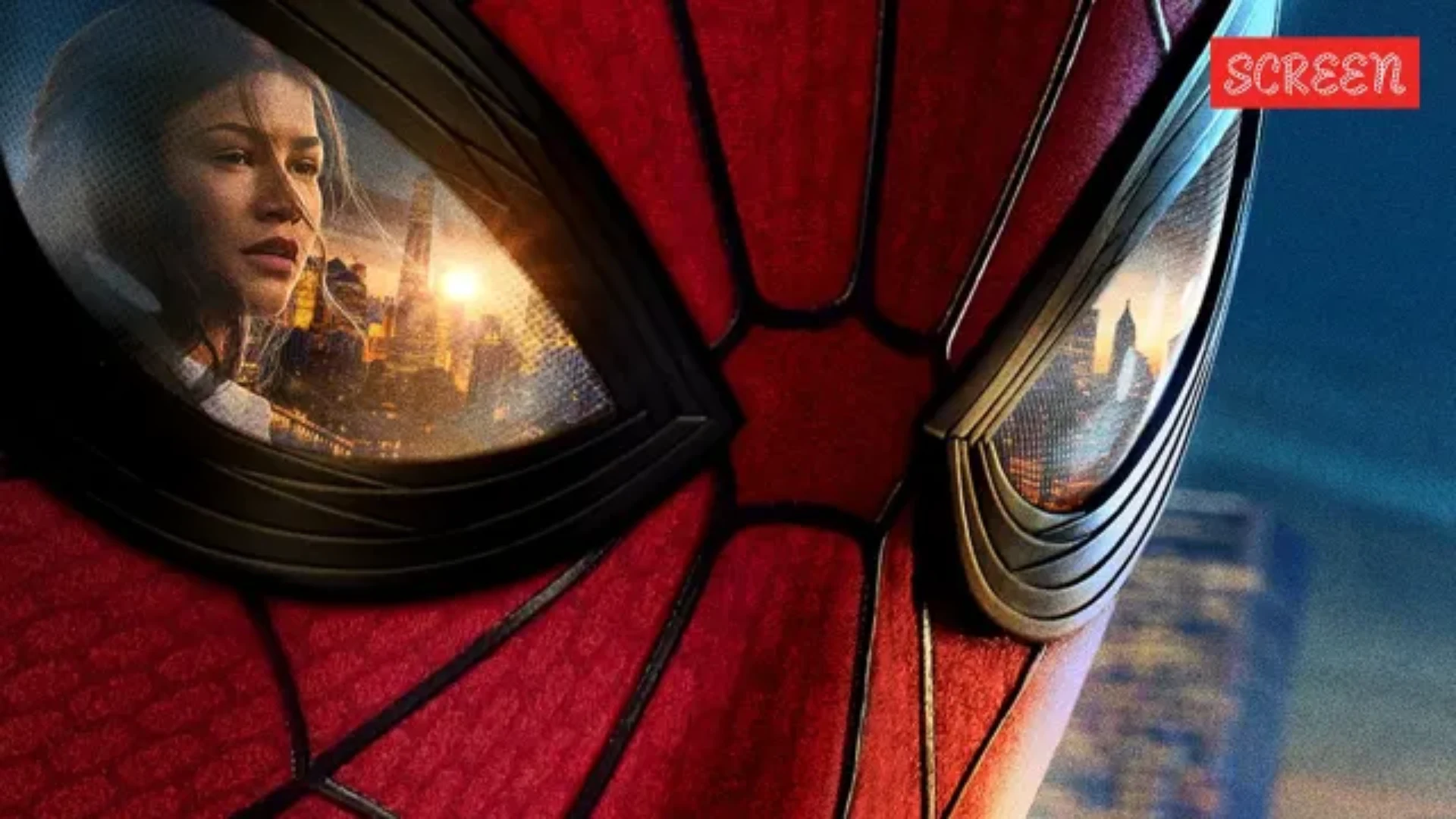 Close-up of Spider-Man’s red mask with a woman reflected in one of the eye lenses.