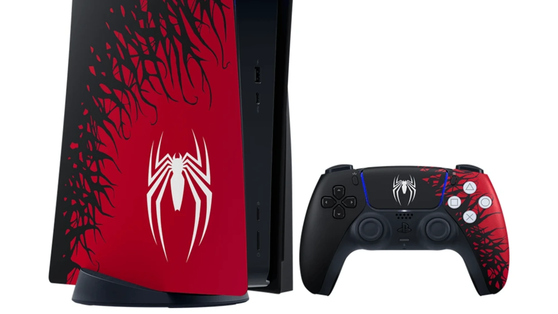Red and black Marvel’s Spider-Man 2 PS5 console covers displayed beside a matching DualSense controller.