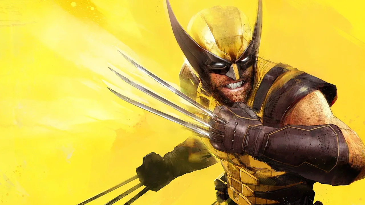 Wolverine bares his adamantium claws while wearing his yellow and black costume against a bright yellow background.