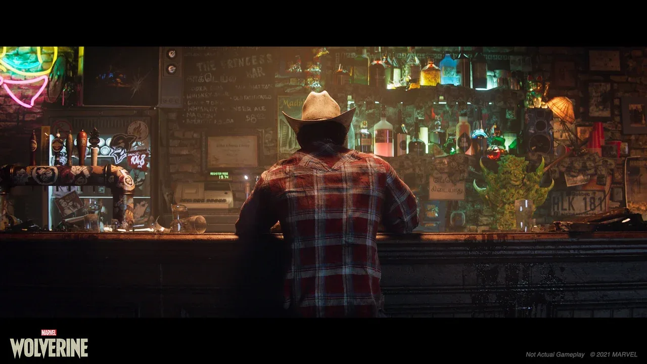 Wolverine, wearing a cowboy hat and plaid shirt, sits alone at a cluttered bar in Marvel’s Wolverine.