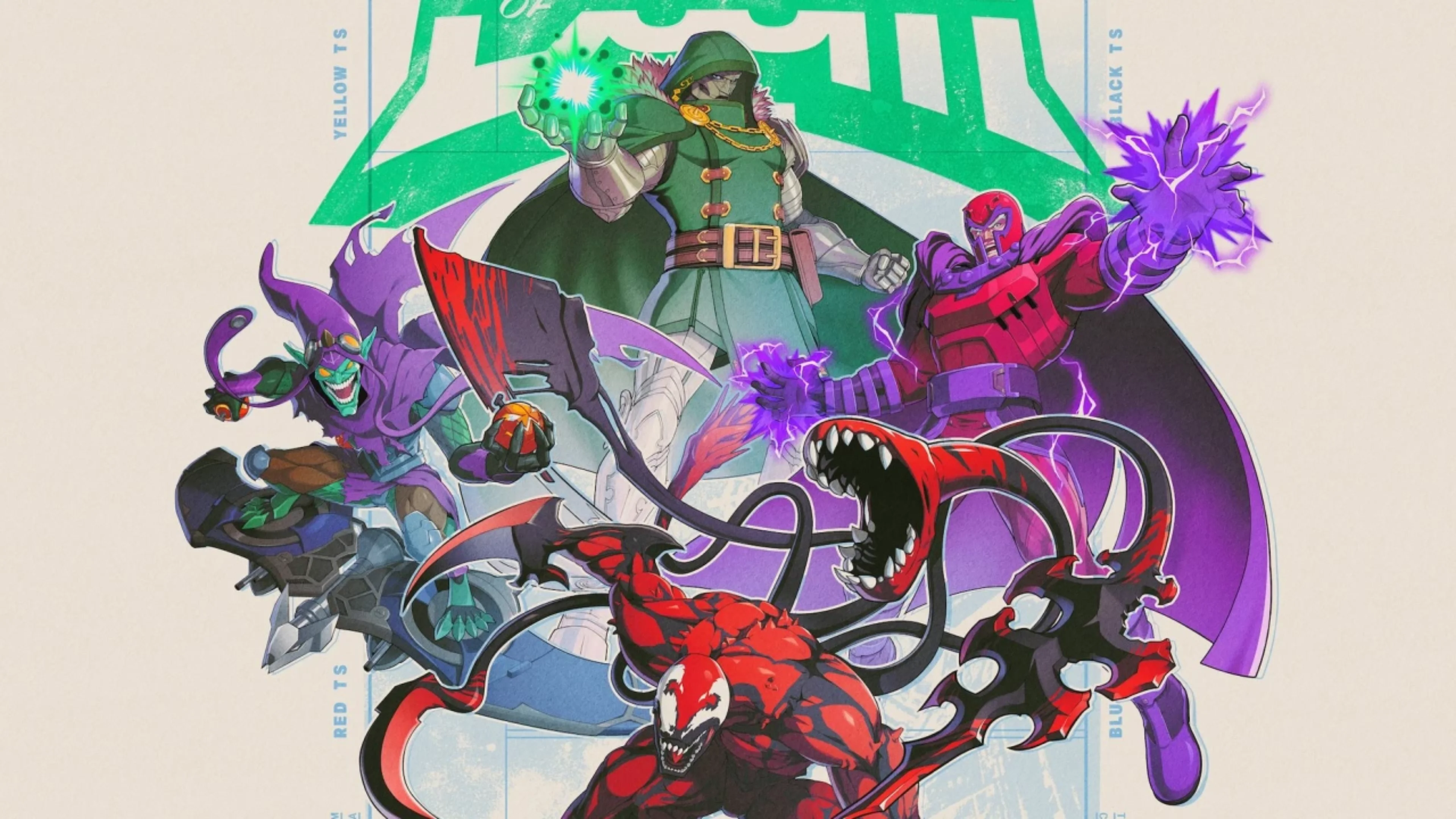 Doctor Doom, Magneto, Green Goblin and Carnage display their powers in colorful Marvel Tōkon: Fighting Souls character artwork.