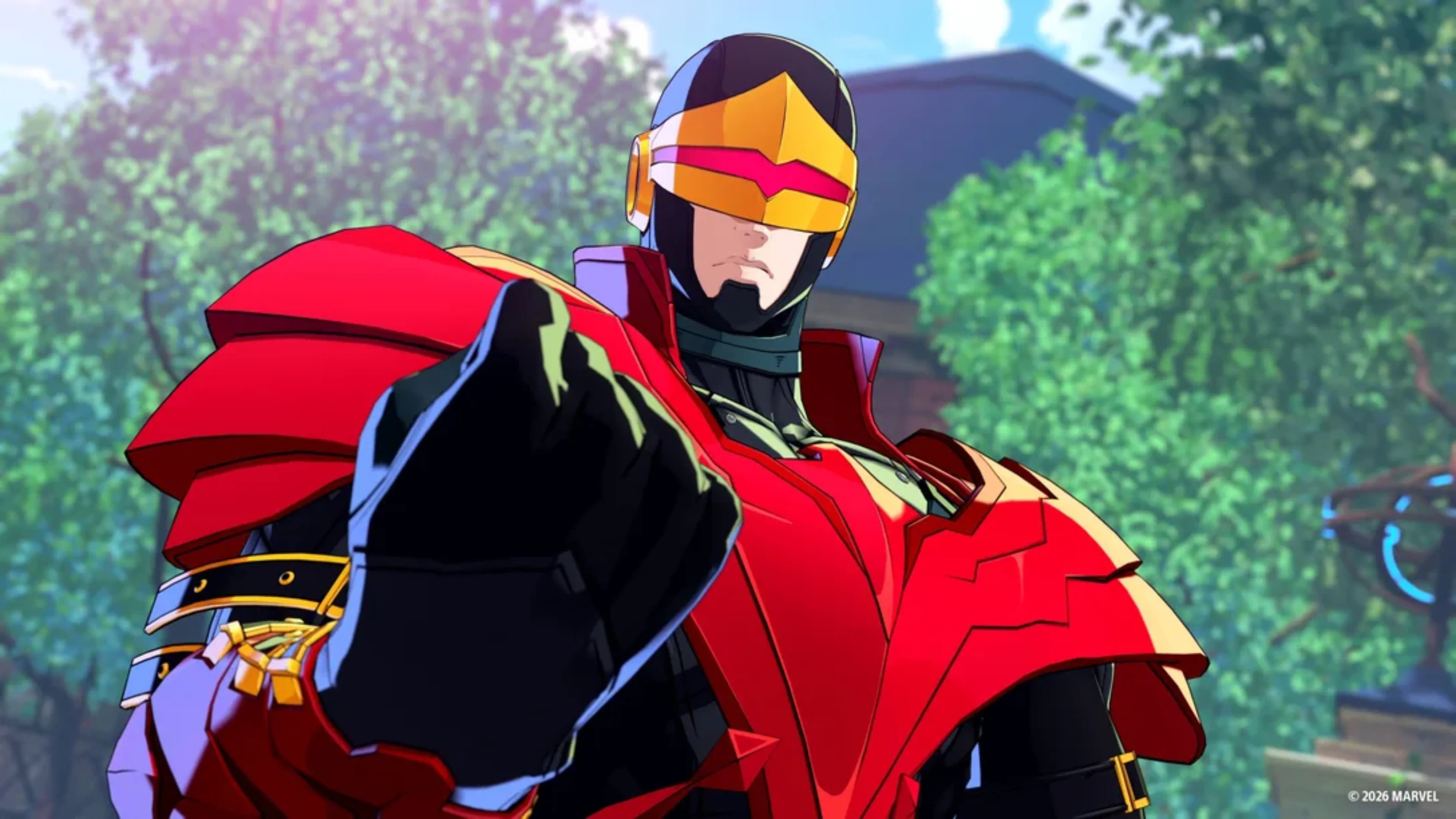 Phoenix Cyclops wears red armor, a flowing cape and a yellow visor while extending his fist in Marvel Tōkon: Fighting Souls.