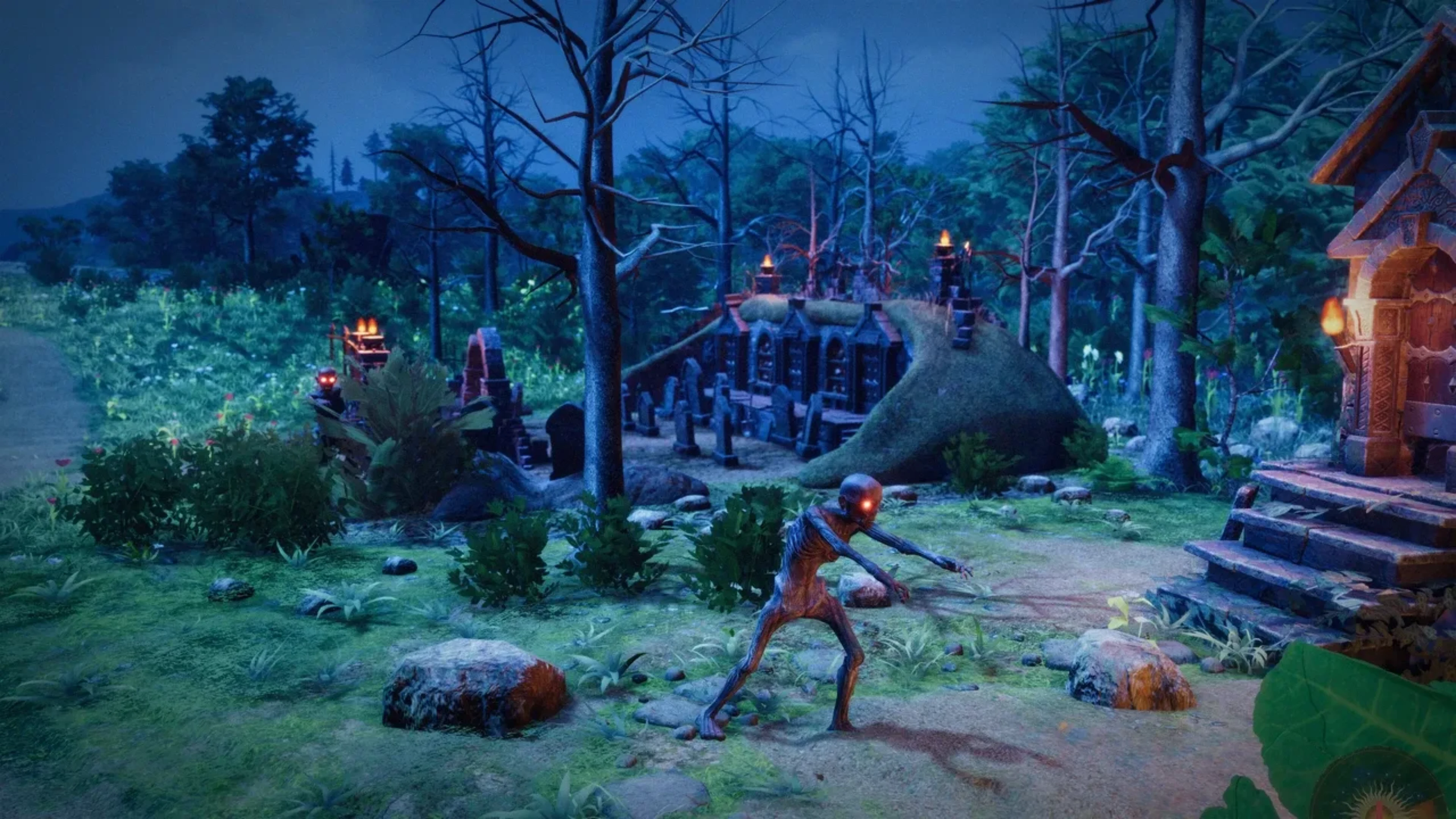 A glowing-eyed enemy stands near a graveyard surrounded by leafless trees, gravestones and torchlit structures in Masters of Albion.