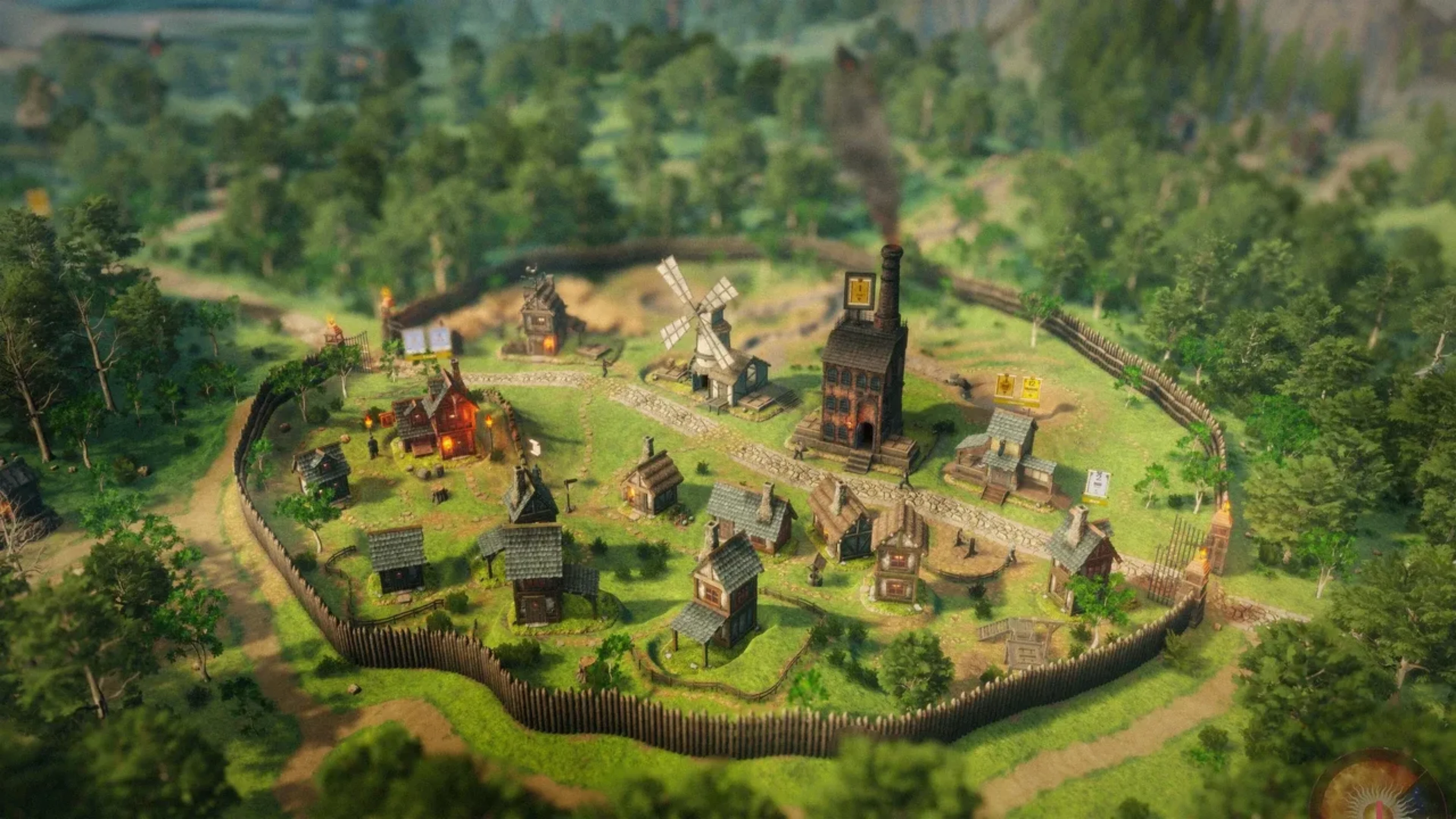 An overhead view of a medieval settlement in Masters of Albion, featuring houses, a windmill, a large industrial building and surrounding wooden fences.