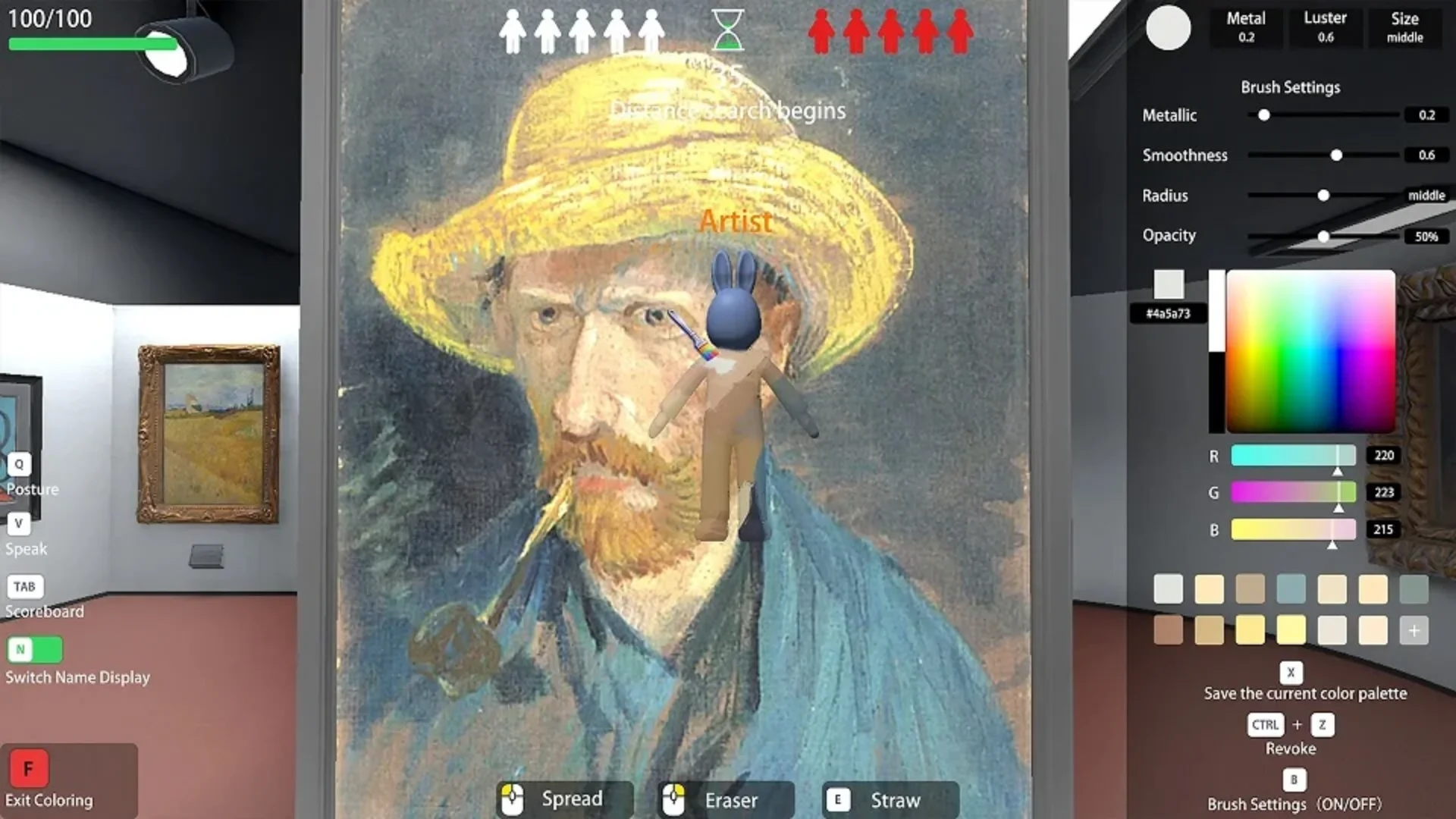 A Meccha Chameleon player paints over a large portrait while brush settings appear beside the canvas.