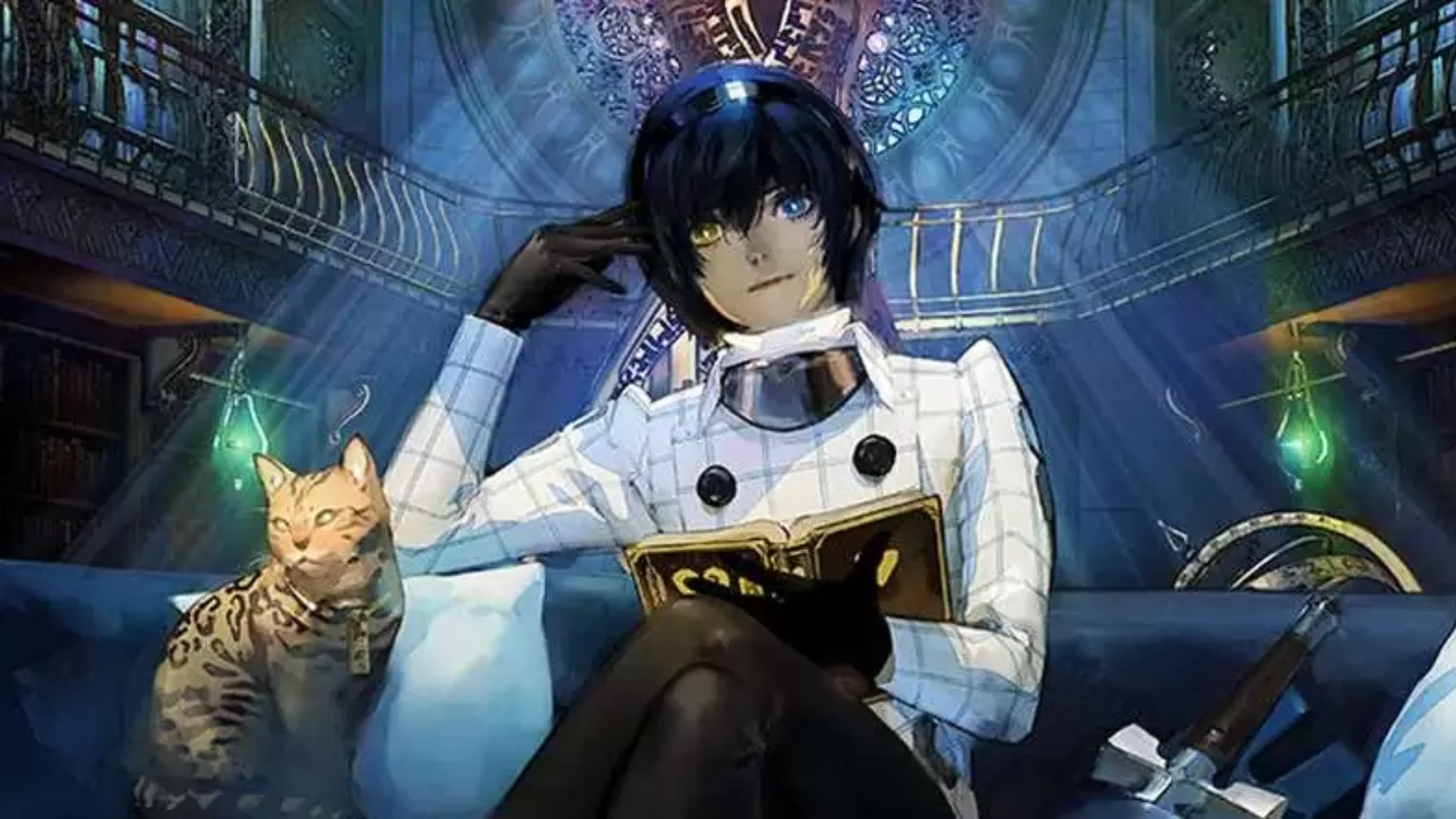 Metaphor: ReFantazio protagonist sits on a blue sofa reading a book beside a spotted cat in an ornate room.