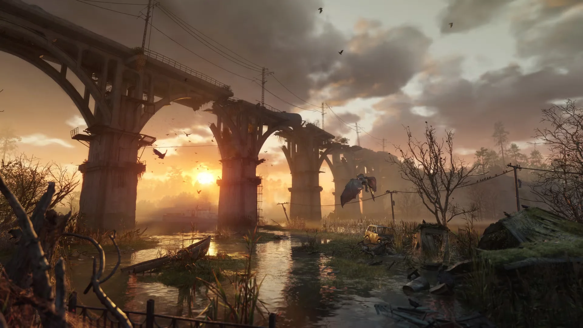 A ruined elevated bridge crosses a flooded landscape at sunset in Metro 2039.