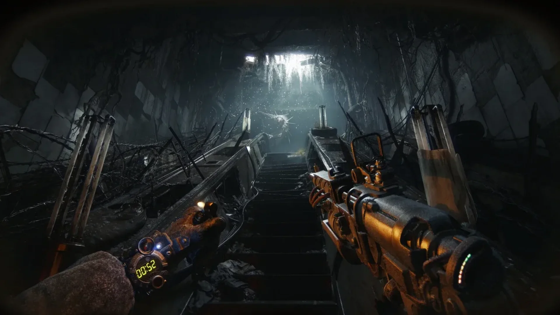 Metro 2039 first-person view shows a weapon aimed up a ruined underground staircase toward a glowing creature.