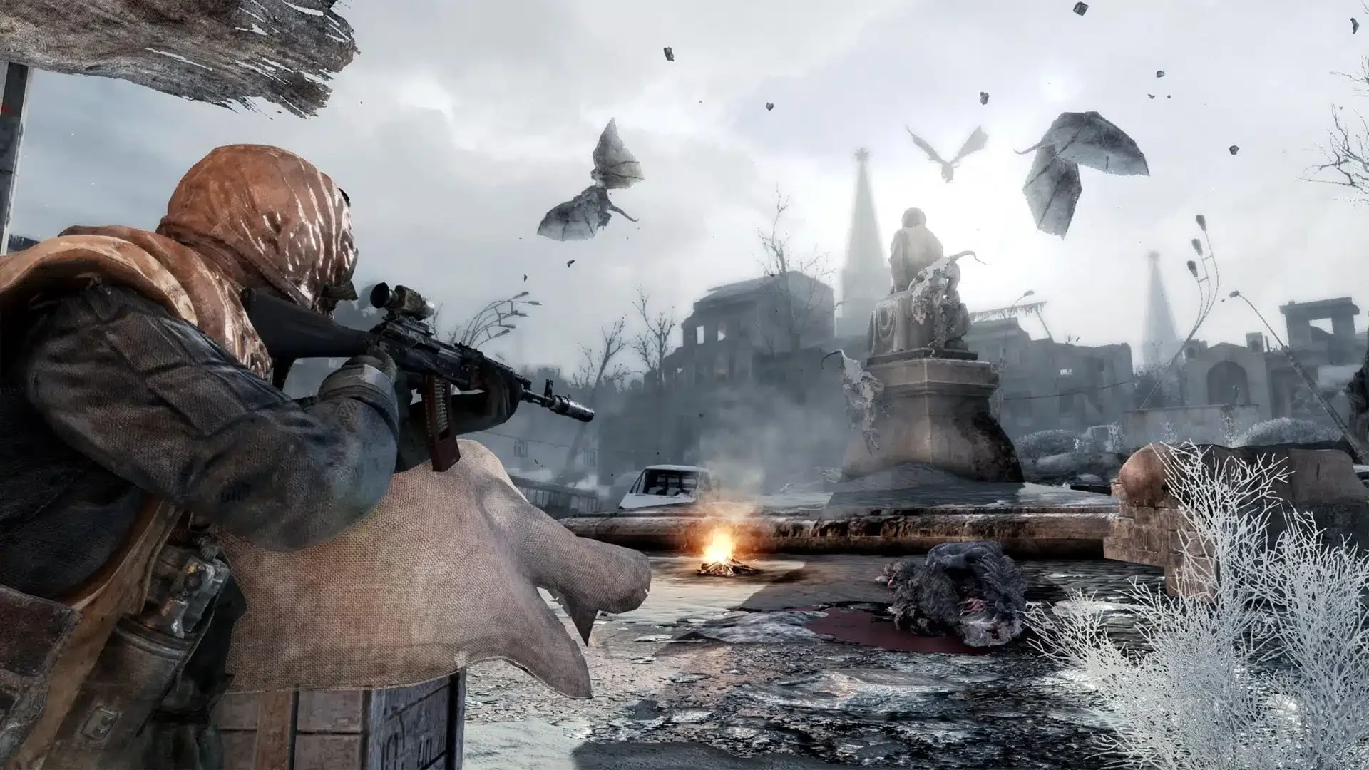 A Metro Redux character aims a rifle at winged mutants above a snowy ruined city.