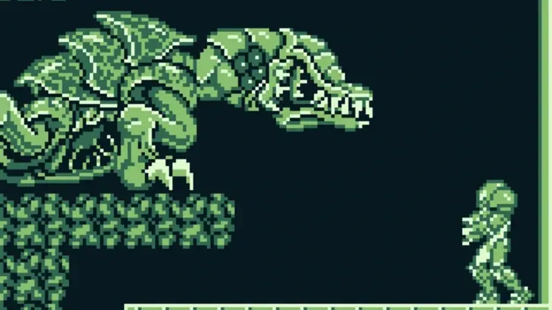 Samus faces the towering Queen Metroid in a monochrome boss battle in Metroid II: Return of Samus.