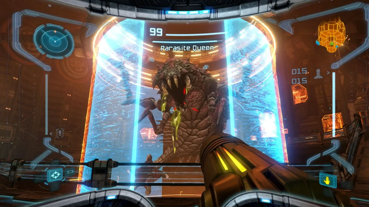 Samus faces the Parasite Queen behind a glowing energy barrier in Metroid Prime Remastered.