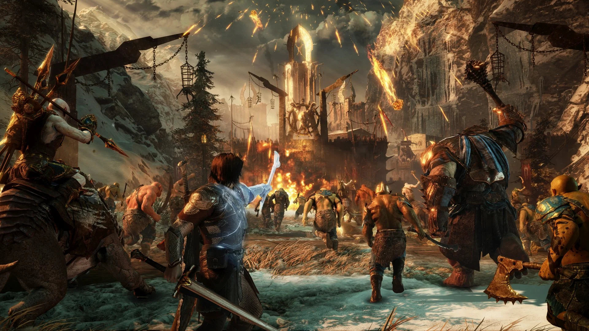 Middle-earth: Shadow of War fighters charge toward a burning fortress as fiery projectiles fall across a snowy battlefield.