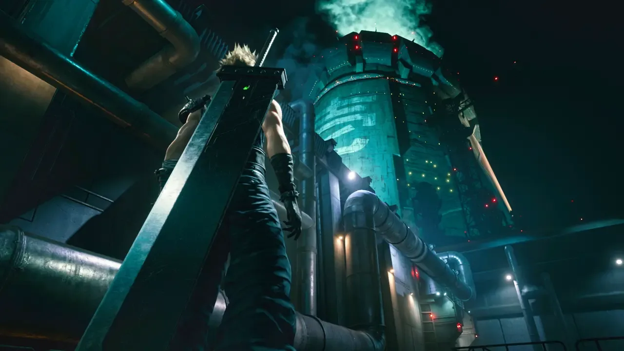 Cloud Strife looks up at a towering Mako reactor in the industrial city of Midgar in Final Fantasy VII Remake.