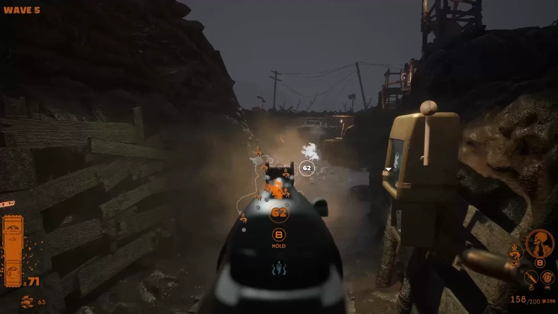 Milo gameplay shows a player firing at enemies during Wave 5 in a dark World War-era battlefield.