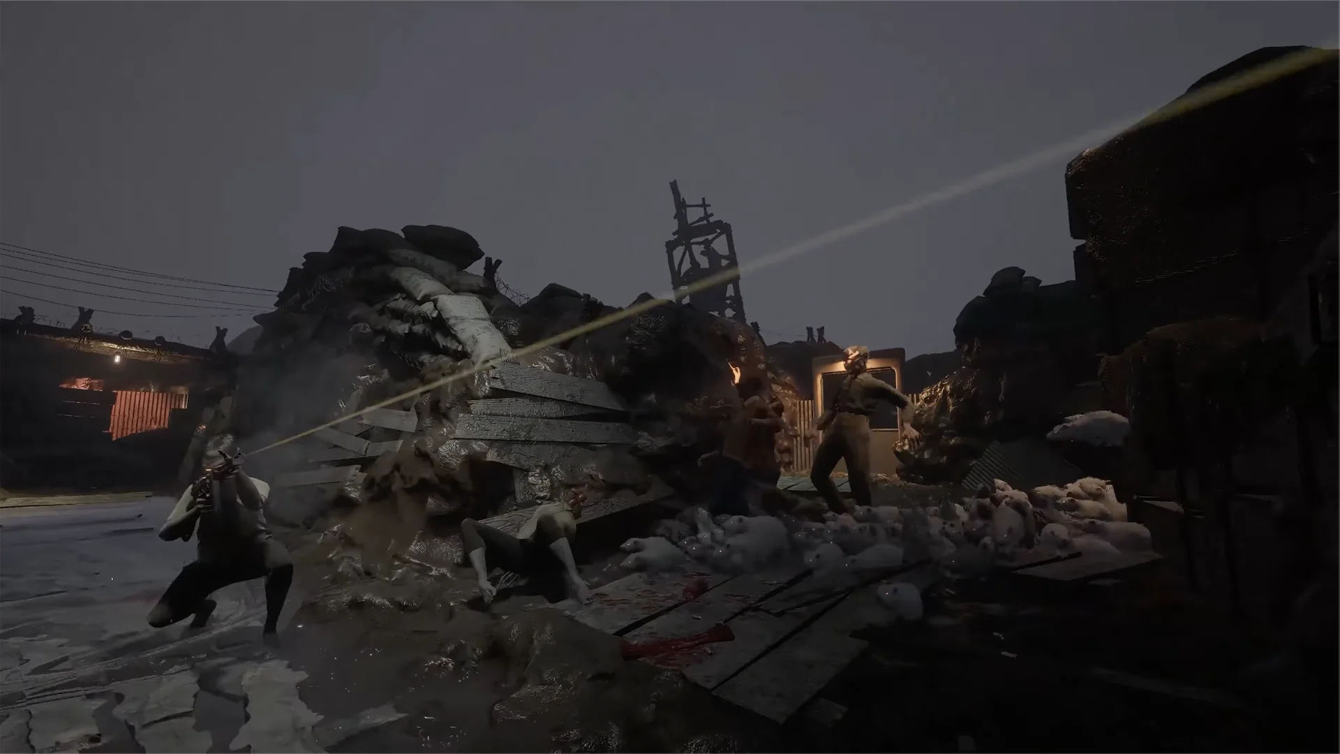 Milo gameplay shows hostile figures fighting among rocky trenches as gunfire crosses the battlefield.