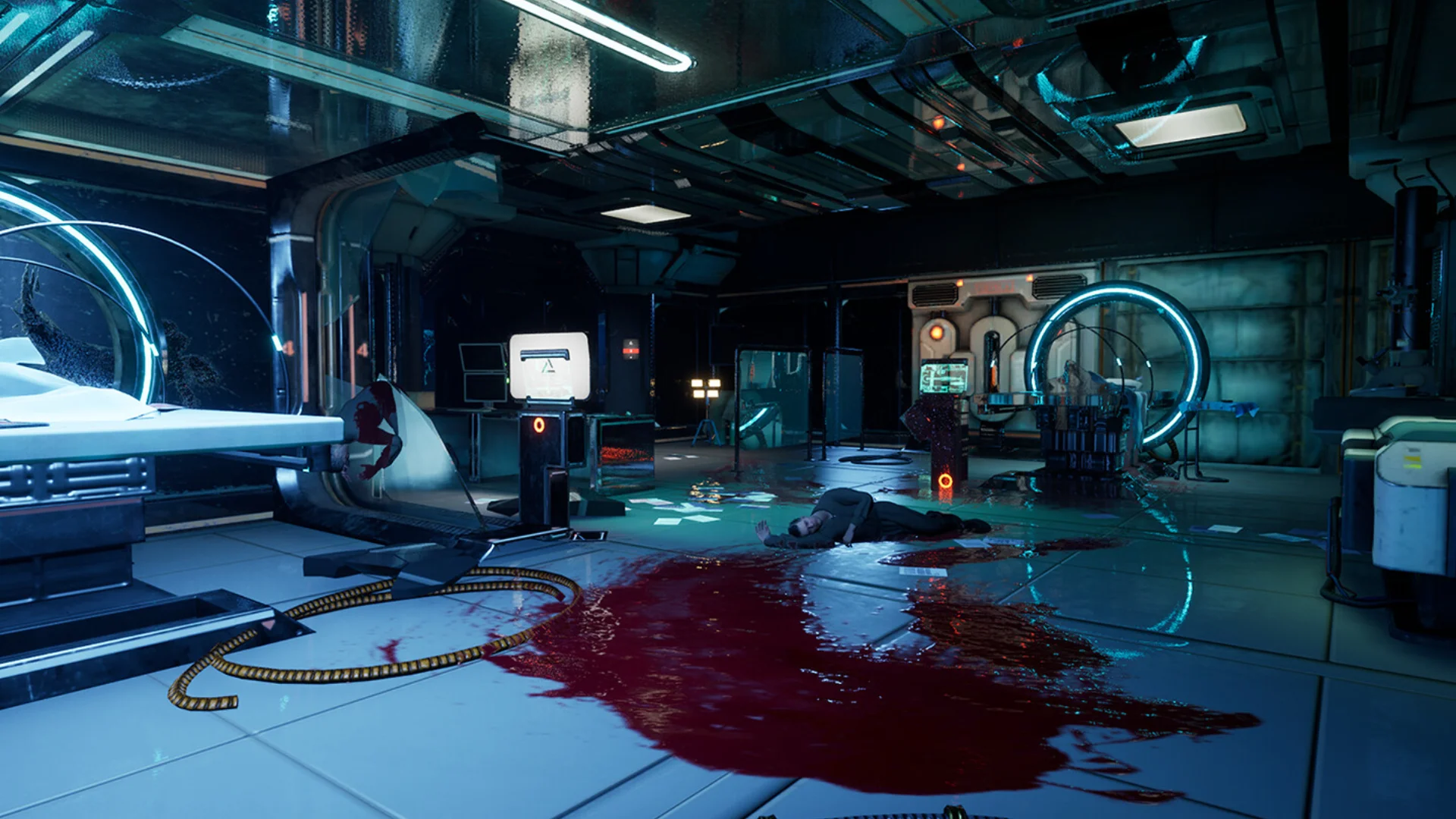 A large alien creature attacks inside a brightly lit spacecraft room in Mimic.