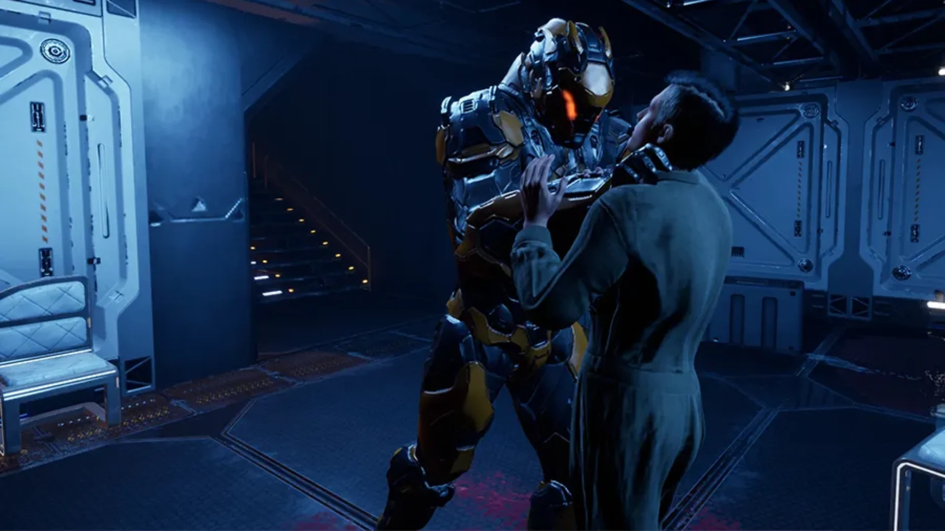 A blood-covered room aboard the Icarus shows the aftermath of an attack in Mimic.
